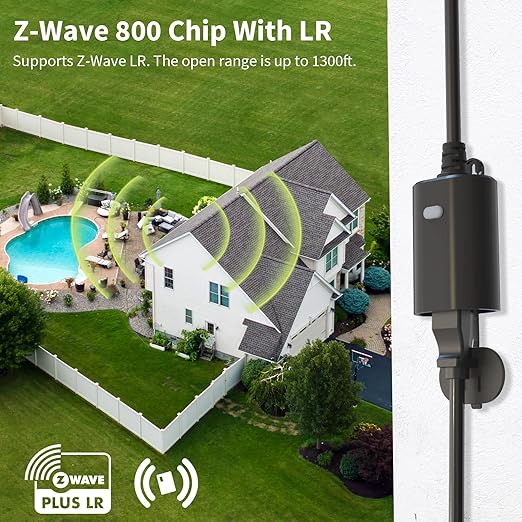 Minoston Zwave Outlet Plug, 800 Series Outdoor Z-Wave LR Smart Plug, On/Off Switch, Z Wave Hub Required, IP65 Weather-Resistant Waterproof, Built-in Repeater, Compatible with SmartThings Black (MP22Z)