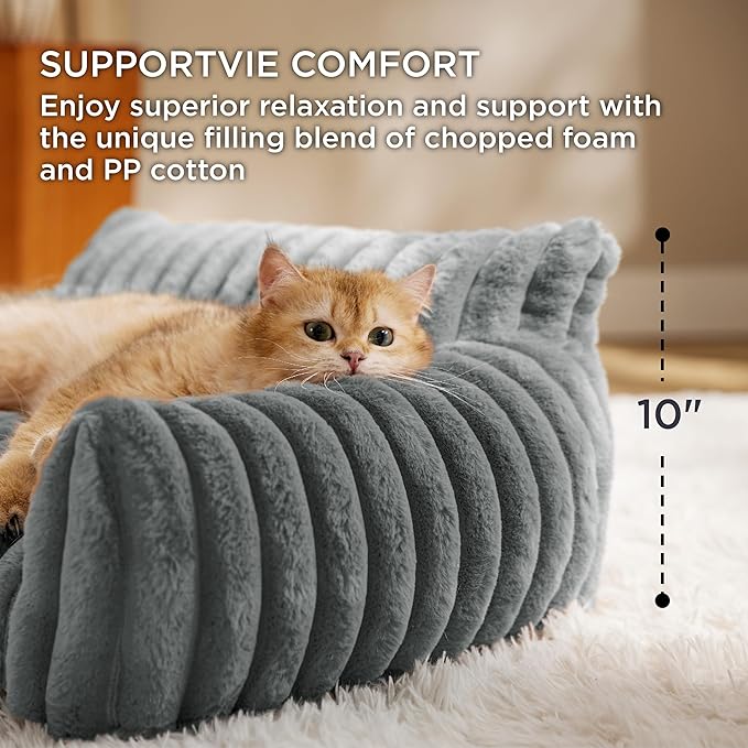 Bedsure Cute Cat Couch for Pets - Fluffy Cat Sofa with Premium Soft Corduroy Fleece, Fuzzy Pet Couch Bed with Removable Washable Cover, Supportive Pet Chair for Indoor Cats, 24inch, Warm Grey