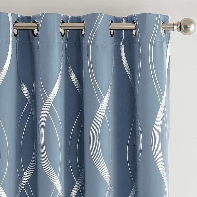 NICETOWN Vintage Blue Foil Printed Curtain for Extra Wide Window, W66 x L84 inch, Wave Line Design Modern Style Drapes Privacy Protection for Room Divider, 2 Panels