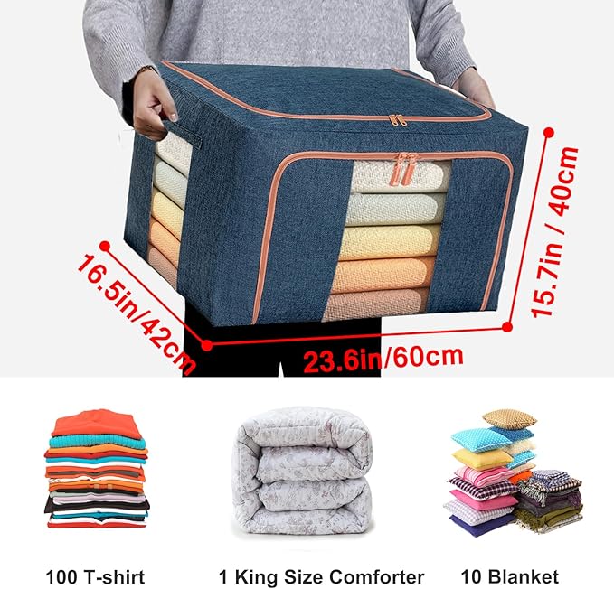 100L Large Storage Bags,Stackable Clothes Storage Bins with Hold Shape Metal Frame,Foldable Closet Organizer Containers with Zipper,Clear Window,Thick Fabric for Seasonal Clothing (Navy 4 Pack)