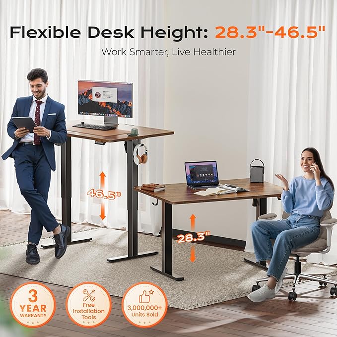 Huuger 48 x 28 Large Electric Standing Desk, Height Adjustable Desk, 27.6" Deep Desktop, Stand up Gaming, 2 Hooks, 3 Preset Heights, for Home Office, Rustic Brown