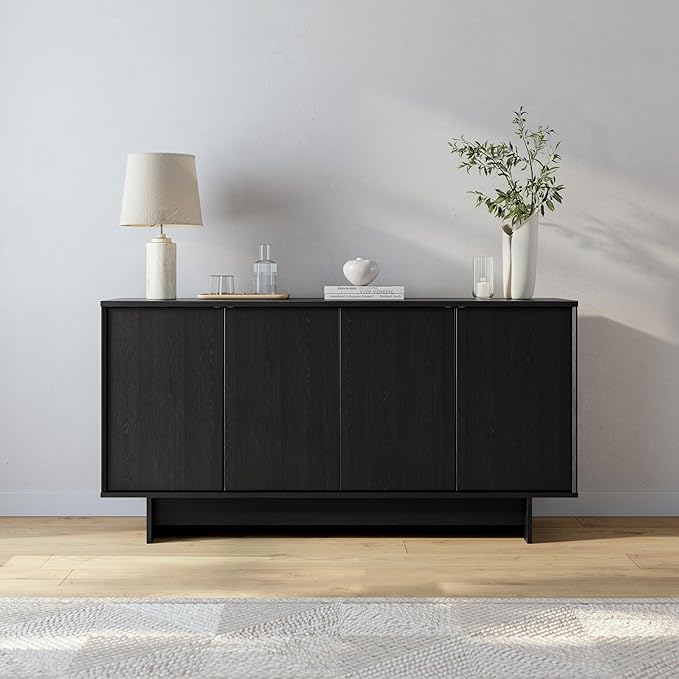 Prepac Finnley 61.5" Wide Sideboard Cabinet, Wood Entryway Sideboard with 2 Adjustable Shelves, Dining Room Buffet with 4 Doors, Living Room Accent Cabinet for Storage and Decorations, Black Oak
