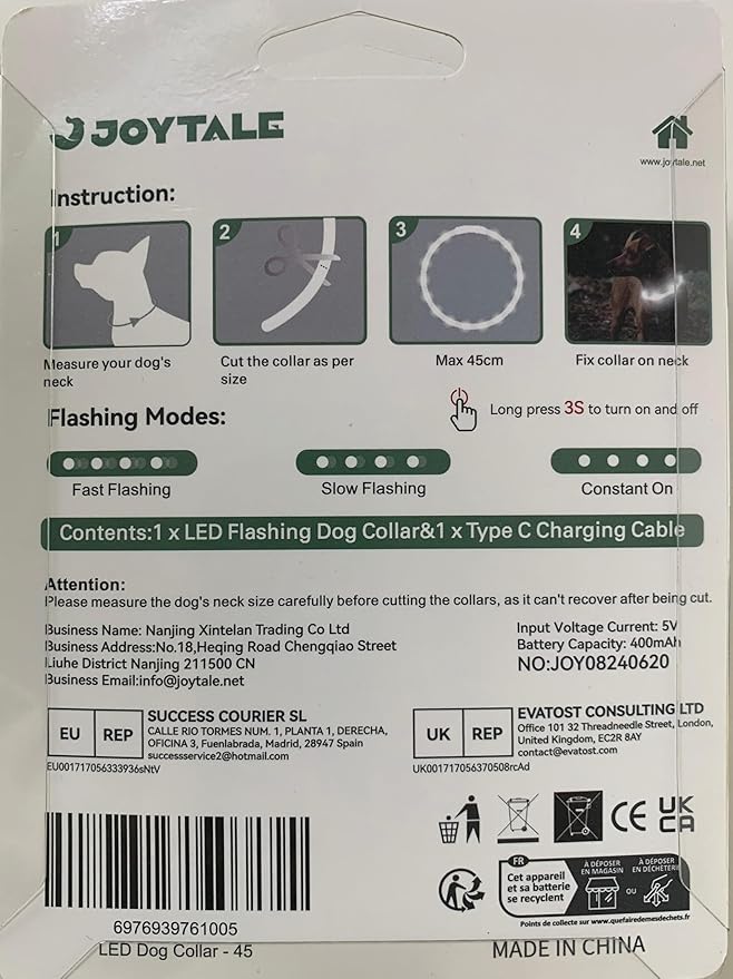 Joytale Light Up Dog Collar, Rainproof and Rechargeable LED, 9 Flashing Modes, Glow for Night Walking, Cuttable Soft Silicone Collar for Small and Medium Dogs, 17.7 Inch