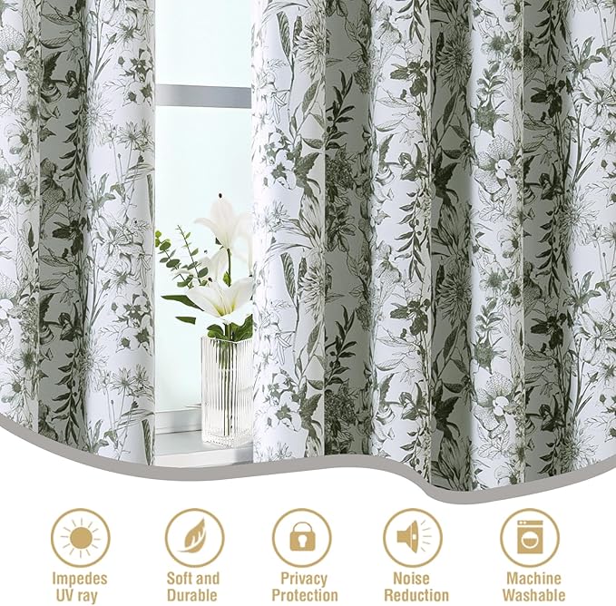 H.VERSAILTEX Blackout Curtains 63 Inch Length 2 Panels Set Floral Print Curtain Drapes for Living Room Thermal Insulated Grommet Window Curtains for Bedroom - French Jouy Flora in Sage