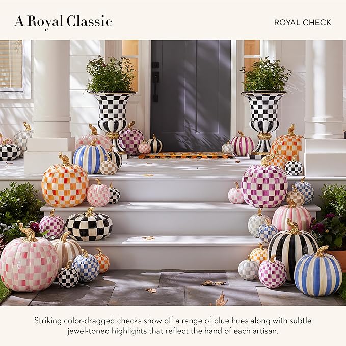 MACKENZIE-CHILDS Small Pumpkin, Resin Halloween Home Decor, Blue-and-White Royal Check