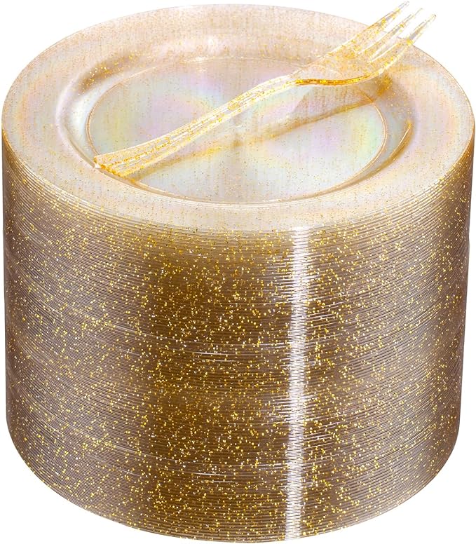 WELLIFE 60PCS Gold Glitter Dessert Plates and 60PCS Plastic Forks, 6.3 inch Disposable Dessert Plates for 60 Guests, Durable Gold Glitter Cake Plate, Perfect for Party