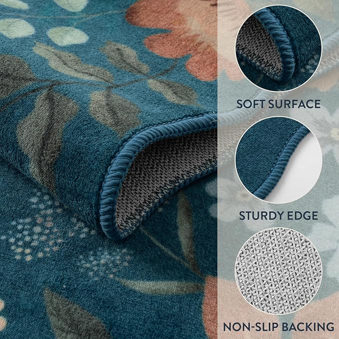Lahome Floral Washable Rugs for Bedroom, 4X6 Area Rug Ultra-Thin Soft Living Room Rug, Non-Slip Classroom Stain Resistant Lightweight Boho Low-Pile Carpet for ‎‎Nursery Office (4x6ft,Navy Blue)