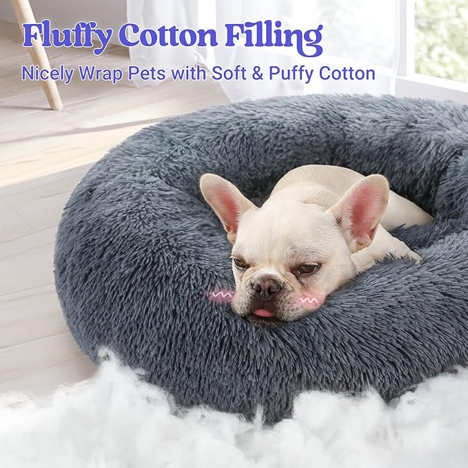rabbitgoo Calming Dog Bed for Small Medium, 27 inches Pet Bed Machine Washable, Non-Slip Round Fluffy Plush Faux Fur, Soft Donut Cuddler Cushion for Small Dogs, Dark Grey