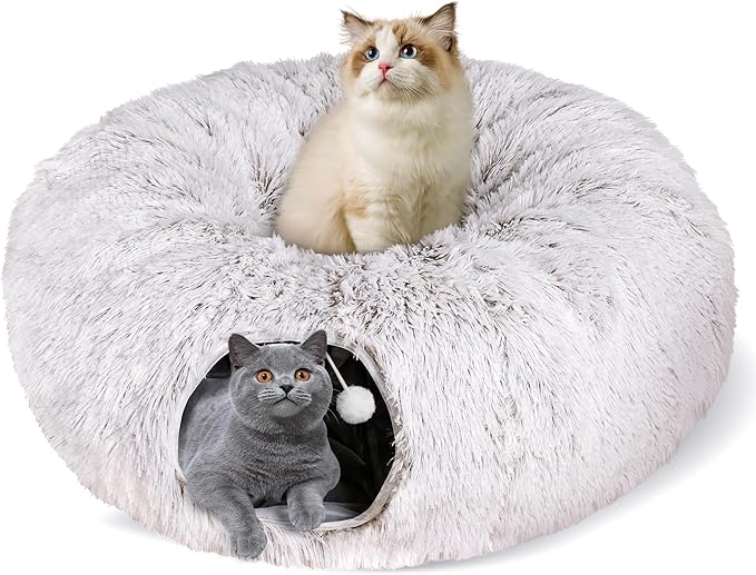 Cat Tunnel Bed for Indoor Cats, Peekaboo Cat Cave with Washable Soft Play Mat, Furry Cat Tube, for Kitten/Puppy/Rabbit, Brown