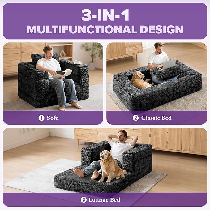 HABUTWAY Convertible Sofa Bed,3-in-1 Folding Futon Sofa Bed with Pillow, Foldable Sleeper Sofa Bed with Removable Cover,Plush Boneless Floor Chair Couch Lounge for Living Room,(Twin,Black)