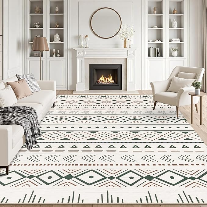 6x9 Area Rugs Living Room Rug: Washable Rug Neutral Lagre Soft Thin Carpet Indoor Floor Non Slip Boho Geometric Moroccan Carpets for Bedroom Dining Room Farmhouse Nursery Office - Brown Green