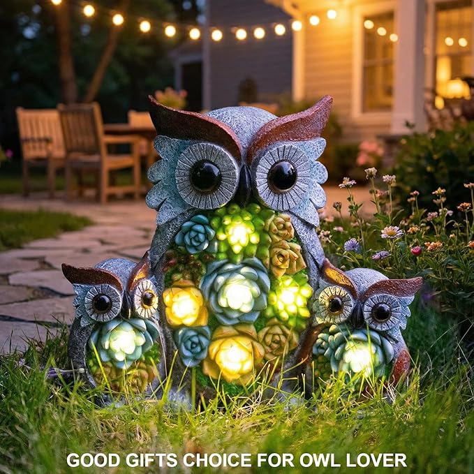 Solar Garden Statue Owl Decor – Cute Owl Family Figurines with LED Succulent Lights, Waterproof Outdoor Yard Art Ornaments for Patio, Lawn, Porch, Housewarming Gifts for Women Mom