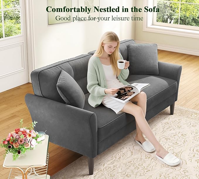69" Loveseat Sofa, Velvet Small Couches for Small Spaces, Love Seat Couches with 2 Pillows, Tool-Free Setup Loveseats, 700lb Load Sofas for Living Room, Mini Couch for Bedroom, Sofa Couch, Charcoal