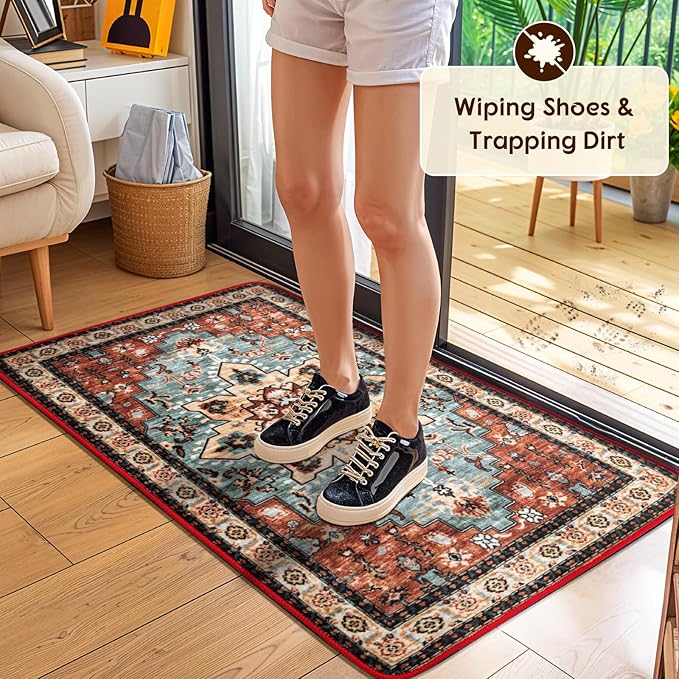 LBRO2M Rug for Entryway Indoor 2X3 Washable Rug Boho Design Door Carpet Throw Rugs for Kitchen Bathroom Non Slip Pet Friendly Area Rugs (2X3, Red)
