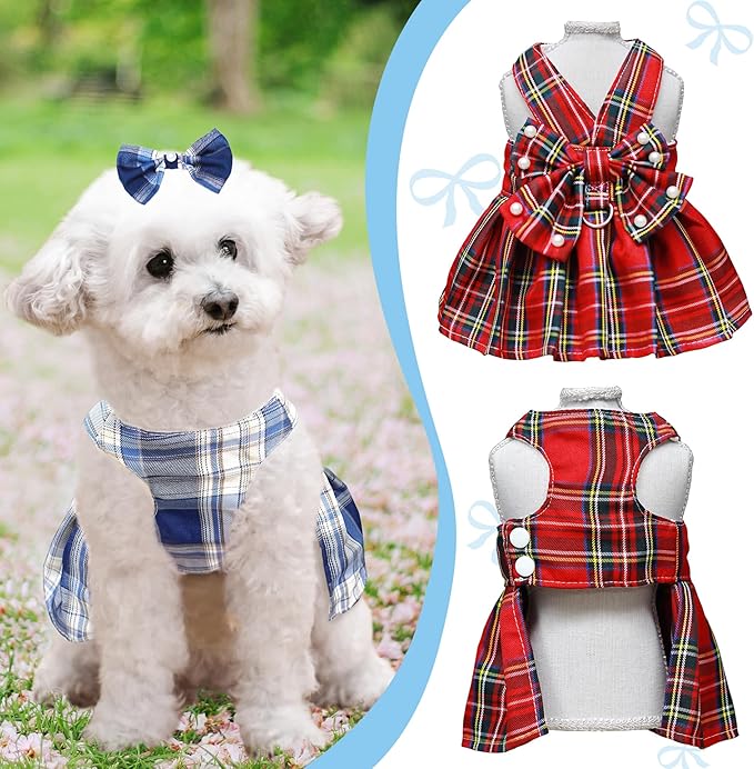 Dog Dress Bowknot Harness Leash Set for Small Dogs Girl Cute Plaid Dog Dress Pearls Bow Tie Spring Summer Princess Clothes Birthday Holiday Doggie Outfits for Puppy Cats Girl Apparel (Red, Medium)