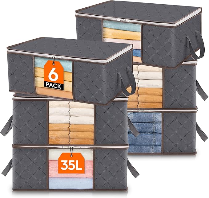 Lifewit 6 Pack Clothes Storage Bag, Foldable Storage Bin Closet Organizer with Reinforced Handle, Sturdy Fabric Blanket Storage with Clear Window, Storage Containers for Clothing, Bedding, Gray