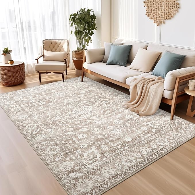 5x7 Area Rugs for Living Room, Washable Vintage Floral Non-Slip Low Pile Natural Rug Soft Throw Carpet for Dining Room Bedroom Home Office Nursery (Light Brown, 5'x7')