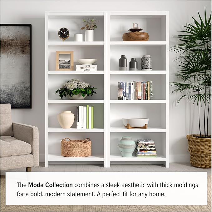 Prepac Moda 5-Tier Tall Wooden Bookcase, White Storage Cabinet, Display Cabinet, Bookshelf with Storage Shelves 31.75" W x 80" H x 12" D for Home Office, Living Room, Bedroom Organizer