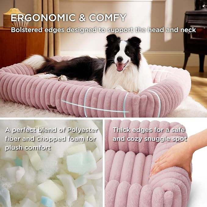 Bedsure Cute Dog Bed for Large Dogs - Washable Furry Puppy Beds, Rectangle Orthopedic Corduroy Fleece Pet Beds with Removable Zipper Cover, 36x27x8inches, Blush Pink