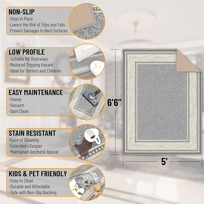 Ottomanson 5' x 6'6" Rugs for Living Room Border Area Rug for Bedroom - Non Slip Durable Large Floor Carpet for High Traffic Areas - Indoor Rug for Dining Room Kitchen Kids Playroom, Light Gray