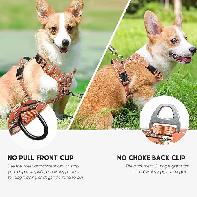 Timos Dog Harness, No Pull Dogs Harness 3 Snap Buckles Adjustable Reflective No Choke Pet Vest for Small Dog with Soft Padded Control Training Handle for Outdoor Training,Flower Orange, XS