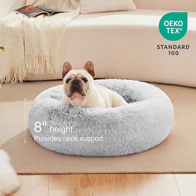 Love's cabin Calming Cat Bed for Indoor Cats,Anti-Anxiety Donut Round Dog Bed,Fluffy Faux Fur Washable Pet Bed for Small Medium Dogs and Cats,Grey,24in