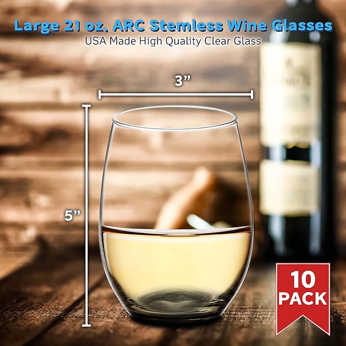 DISCOUNT PROMOS 10 ARC Stemless Wine Glasses Set, 21 oz. - Chardonnay, Cabernet, Merlot, Sauvignon - Black