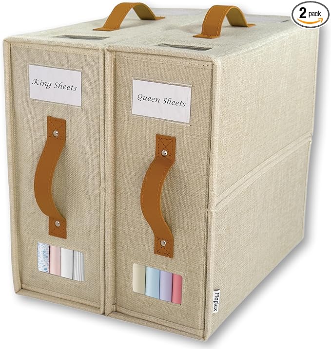 2-Pack Set Bed Sheet Organizer – Premium Linen Storage with PU Leather Handles & Dual Labels | Fits King/Queen Sheets | Closet, Underbed & Shelf Use | Closet Organizers and Storage (Beige)