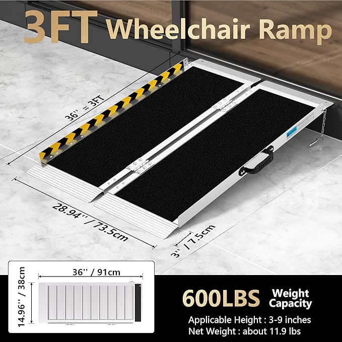 3FT Portable Wheelchair Ramp, Non-Slip Aluminum Folding Handicap Ramp, Ramps for Wheelchairs for Home with Handle, Wheelchair Ramps for Home Steps/Stairs/Threshold/Doorways/Scooter, 600LBS Capacity