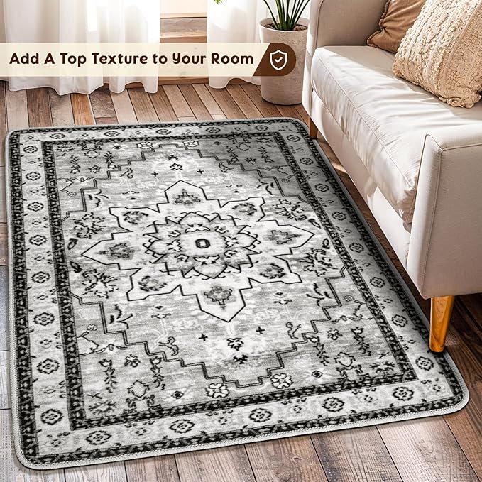 LBRO2M Boho Rug for Entryway Indoor Washable Rugs 3X5 Front Door Carpet Gray Non Slip Throw Rug, Small Rug for Bathroom Kitchen Rugs Pet Friendly Area Rugs Low Piles (3'X5' Light Gray)