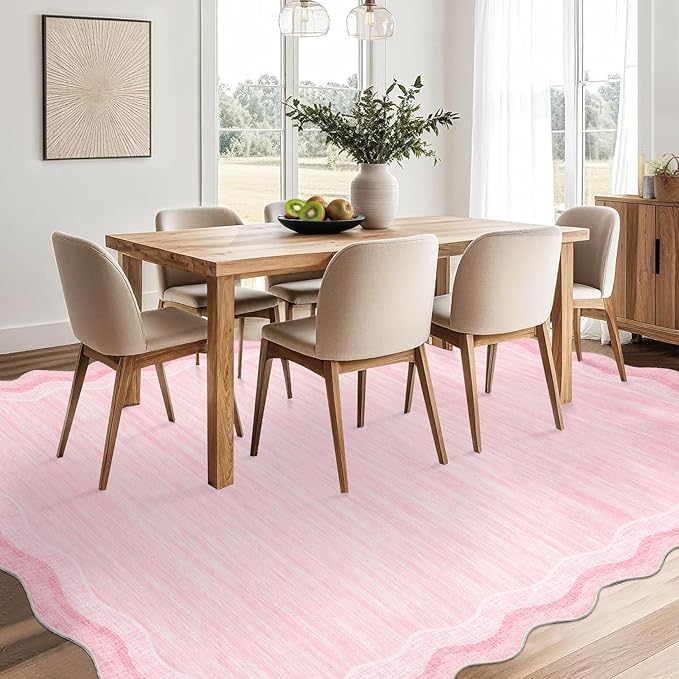 GarveeHome Washable Rugs 8x10 Scallop Living Room Rug Scalloped Rug with Non-Slip Backing, Stain-Resistant Low Pile Easy Cleaning Rugs, Soft Modern Solid Carpet for Bedroom Playroom Nursery, Pink