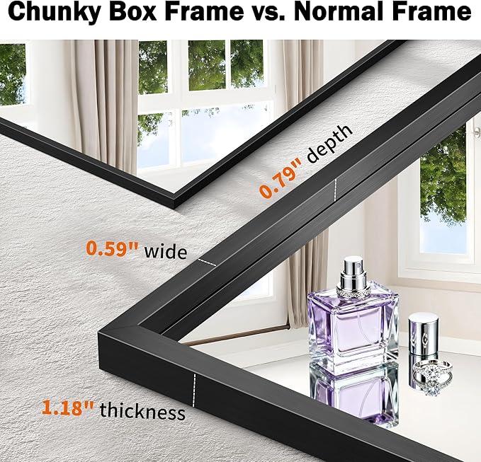 CIRCUMI 30"x36" Black Mirror with Chunky Box Metal Frame, Brushed Finish Rectangular Bathroom Mirrors for Over Sink, Living Room, Entryway, Tempered Glass Mirror for Wall, Vertical or Horizontal