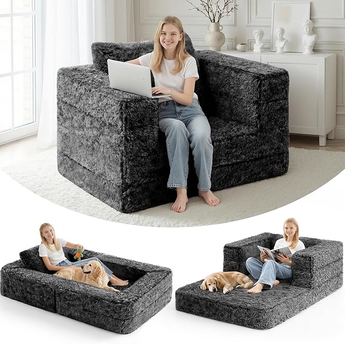 HABUTWAY Convertible Sofa Bed,3-in-1 Folding Futon Sofa Bed with Pillow, Foldable Sleeper Sofa Bed with Removable Cover,Plush Boneless Floor Chair Couch Lounge for Living Room,(Full,Black)