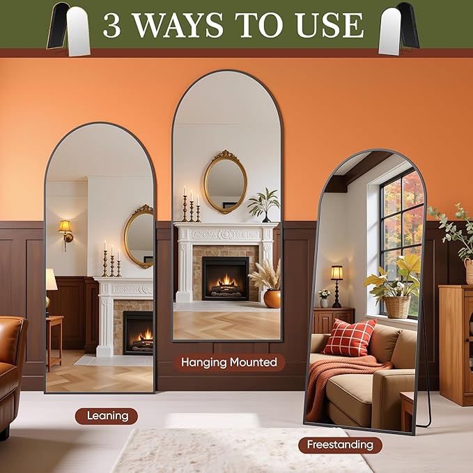 Full Length Mirror, 81"x41" Arched Full Body Mirror, Floor Mirrors with Stand, Body Mirrors Standing Hanging Leaning Against Wall,Aluminum Frame Mirrors for Bedroom Cloakroom,Living Room,Black