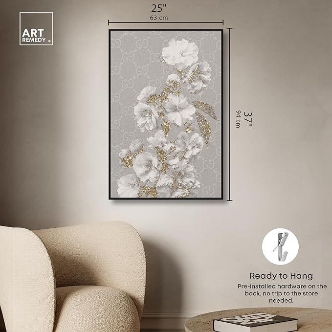 Art Remedy Floral in Classic Fashion Canvas Delicate Farmhouse Wall Art, Black Frame, 24" x 36"