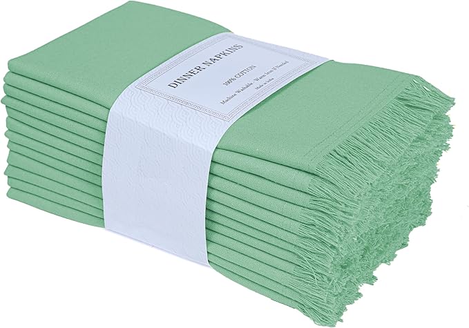 Bedding Craft Cotton Cloth Dinner Napkins Set of 12 – 18x18 Bird Egg Gray (Sea Green) with Fringed Corners – Machine Washable Fabric Napkins for Weddings, Parties & Everyday Dining