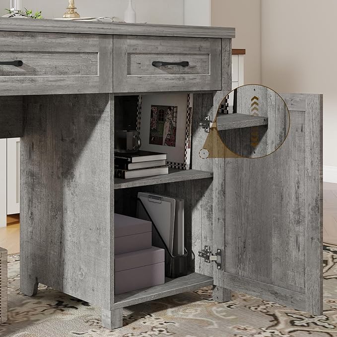 Farmhouse 61'' Executive Desk with 5 Drawers, Rustic Office Desk Computer Desk with Charging Station, File Drawers and Storage Cabinet, Wood Workstation for Study and Home Office,(Grey)