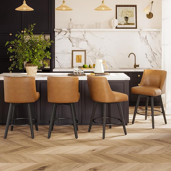 Counter Height Bar Stools Set of 4, Modern Swivel Barstools with Back and Wood Legs, Faux Leather Upholstered Bar Chairs, 26" H Kitchen Counter Stools, Kitchen Island Home Bar, Whisky Brown