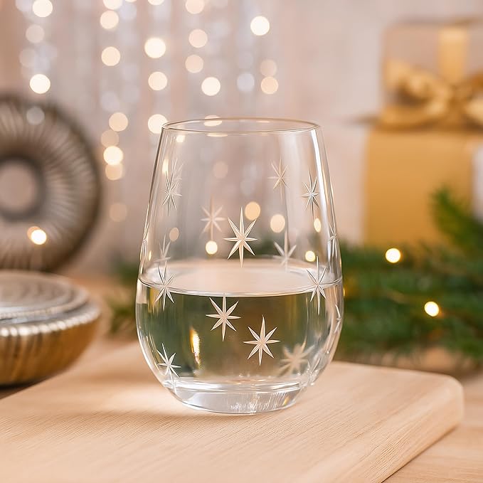 SHOSHIN Stemless Wine Glasses Set of 4 – 18oz Hand-Cut Lead-Free Crystal with Exquisite Star Pattern, Dishwasher Safe, Perfect for Parties and Weddings