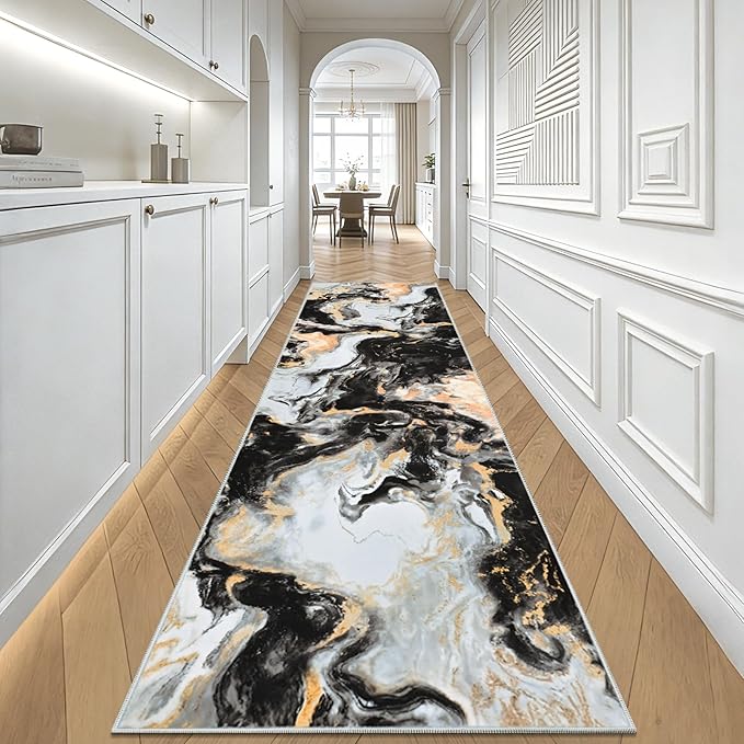 Yinhua 2x7'3 Runner Rug for Hallway, Marble Black and Gold Rugs Non Skid, Washable Kitchen Runner Rug Non Slip, Soft Modern Area Rugs Low Pile, Abstract Carpet for Bathroom Entryway Laundry