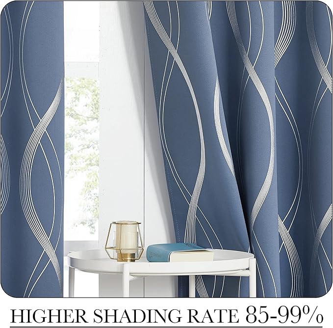 NICETOWN Bedroom Blackout Curtains Panels - Window Treatment Thermal Insulated Solid Grommet Blackout Wave Line Foil Print Design Curtains for Living Room (Stone Blue, Set of 2, 52 by 63 Inch)