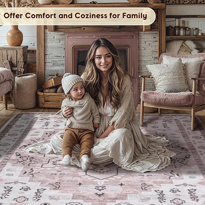 LBRO2M Boho Area Rug 5X7 Washable Rugs for Bedroom Low Piles Indoor Rugs, Non Slip Soft Rug for Living Room, Dining Room, Pink Rug Foldable Pet Friendly Area Rugs Stain Resistant (5'X7' Light Pink)