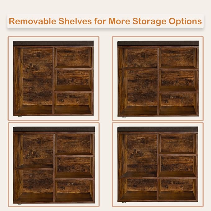 DINZI LVJ Shoe Storage Bench with Cushion, Cubby Shoe Rack with 12 Cubbies, Adjustable Shelves, Multifunctional Shoe Organizer Bench for Entryway, Mudroom, Hallway, Closet and Garage, Rustic Brown
