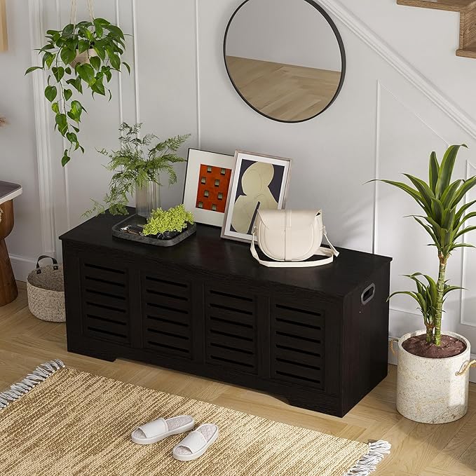 DINZI LVJ Storage Chest, 47.3” Wooden Toy Box with 2 Safety Hinges, Retro Entryway Shoe Storage Bench with Flip-Top, Sturdy Large Storage Trunk for Living Room, Bedroom, Easy Assembly, Espresso