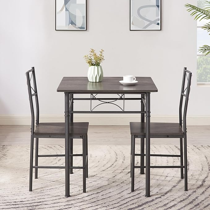 JOIN IRON 3-Piece Metal and Wood Indoor Modern Square Dining Table Furniture Set for Kitchen, Dining Room, Dinette, Breakfast Nook w/ 2Chairs - Gray