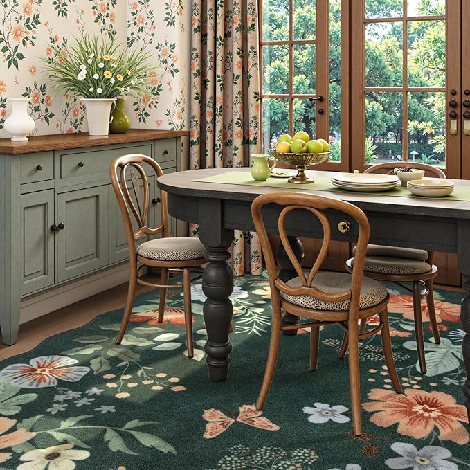 Lahome Floral Washable 6x9 Area Rugs, Soft Bedroom Rug for Living Room Ultra-Thin Non Slip Dining Room Rug, Stain Resistant Boho Rugs Easy Clean Throw Carpet for Office(6'x9',Dark Green)