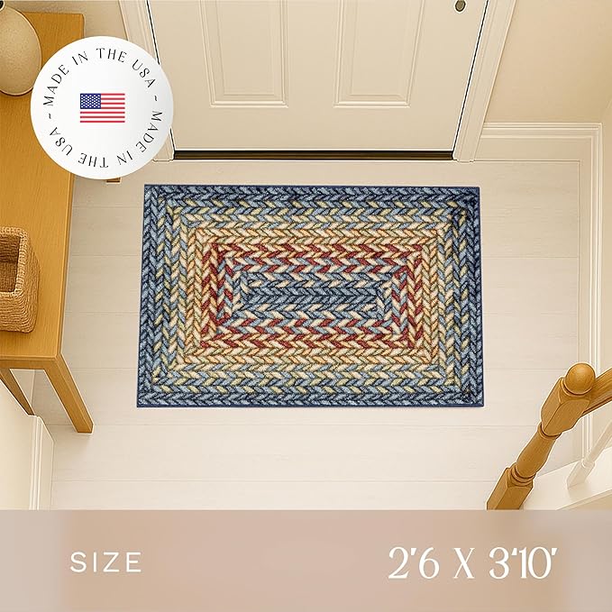 Maples Rugs Marion Bohemian Braided-Style Print Area Rug ??Made in USA ??Washable, Non-Slip Low-Profile Small Indoor Rug for Entryway & Kitchen, 46" x 30", Multi-Color