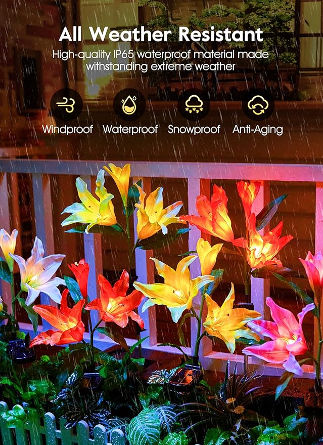 Brightown Solar Lights Outdoor, 4 Pack Solar Garden Lights with Larger & More Realistic Lily Flowers, Waterproof Outdoor Solar Lights for Yard Patio Lawn Pot Decoration