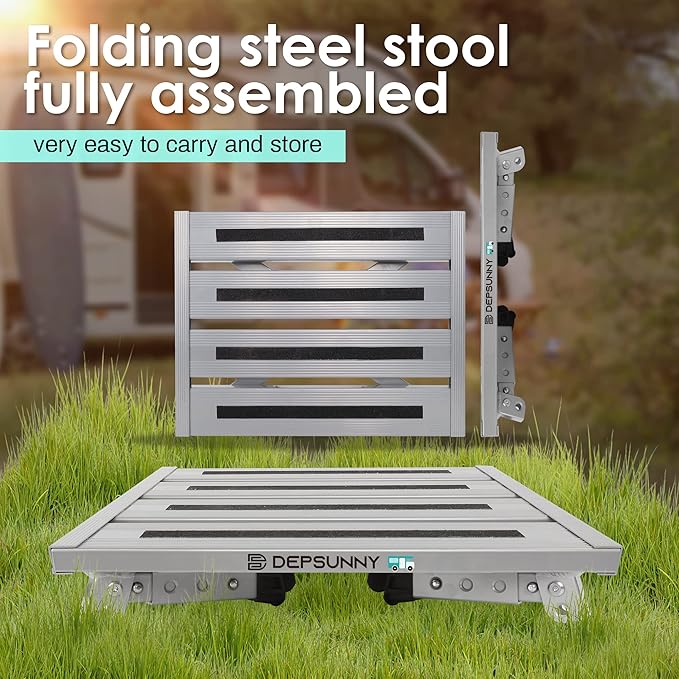 Adjustable Height Aluminum RV Step, Stable Foldable Platform Step Stool, Supports Up to 1,000 lb, Non-Slip Rubber Feet and Platform Mat, Easy to Carry (Silver)