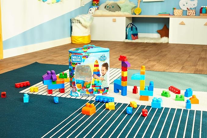 MEGA BLOKS First Builders Toddler Blocks Toys Set, Big Building Bag with 80 Pieces and Storage, Blue, Ages 1+ Years